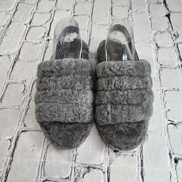 Ugg Fluff Yeah gray shearling ankle strap open toe slides - Picture 8 of 11